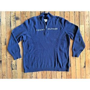Tommy Hilfiger Sweater Logo and Name Womens‎ Size XL 1/4 Zip Blue Cable Knit